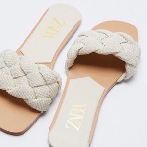 ZARA PEARL DETAIL WOVEN SLIDE SANDALS SZ 38